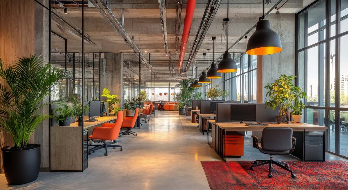 Modern open office space with vibrant decor and natural lighting during the day