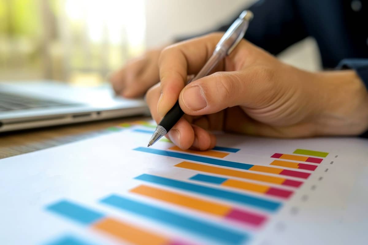 close up shot of a hand holding a pen on a paper with bar graph