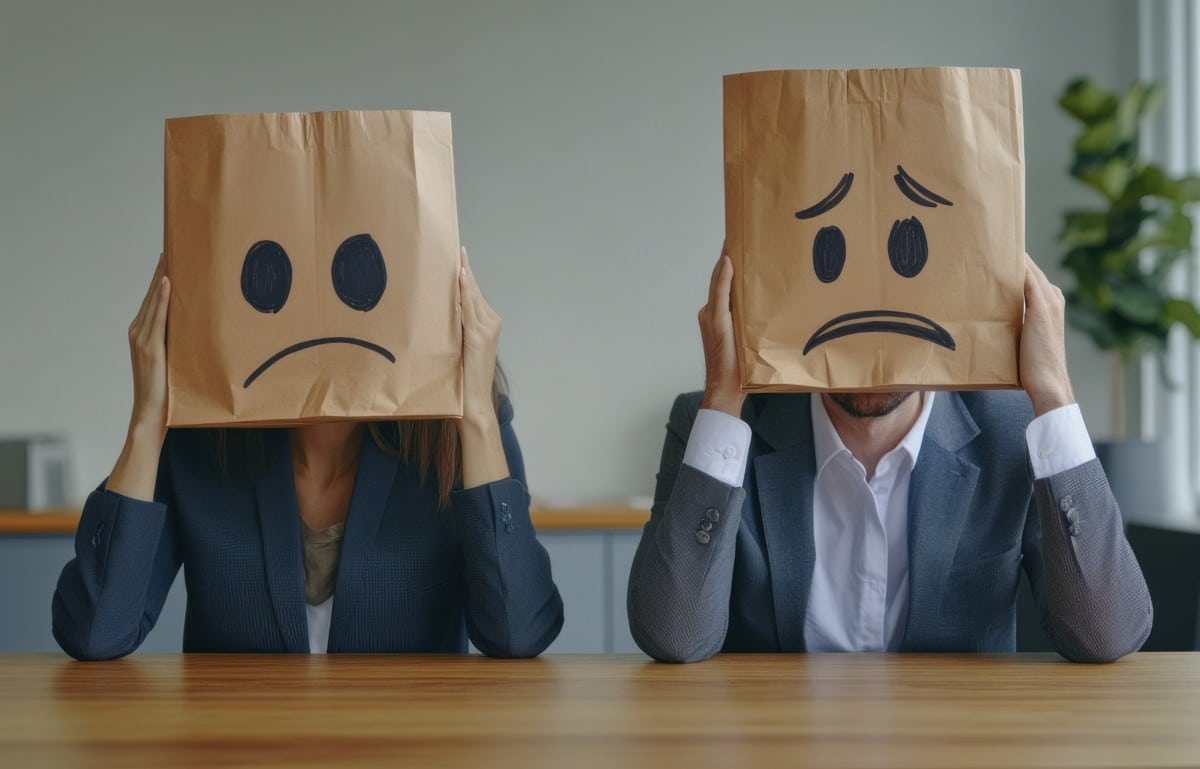 Two people with paper bags on their heads sit at a table in an office and draw sad faces