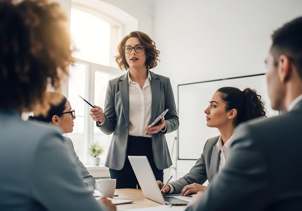 A confident businesswoman leads a presentation to her diverse team in a bright modern office. 