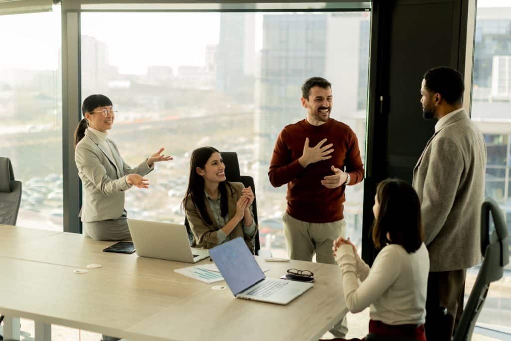 Team collaborates in modern office setting