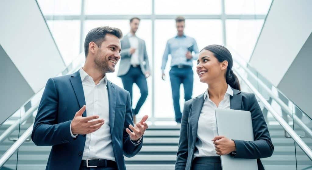 two colleagues smiling and speaking to each other