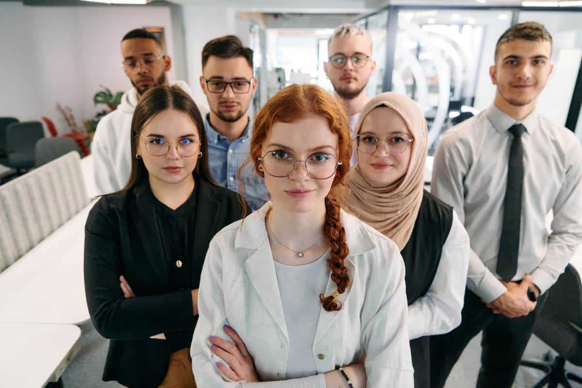 A group of business professionals standing together