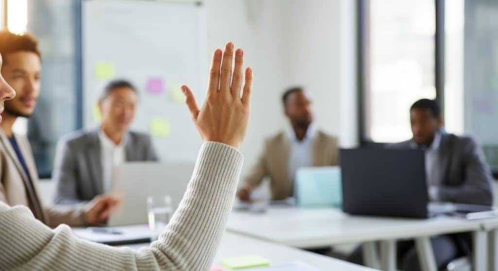 Business meeting with raised hand, diverse attendees in modern office setting