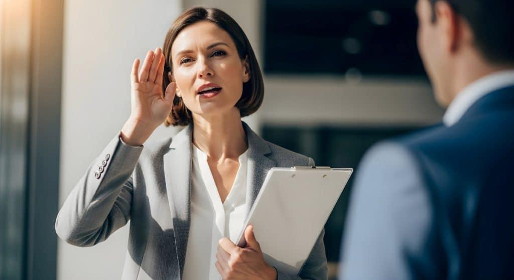 woman listening attentively holding clipboard during a meeting indoors