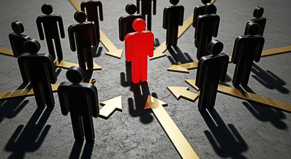 Red figure standing out among black figures on a textured gray surface with gold arrows pointing towards them symbolizing leadership