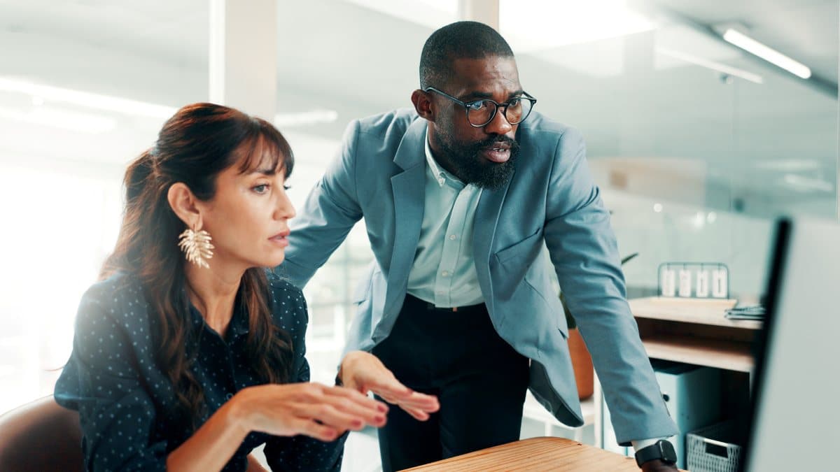 Discussion, planning or people with computer in office, investment opportunity or teamwork for proposal