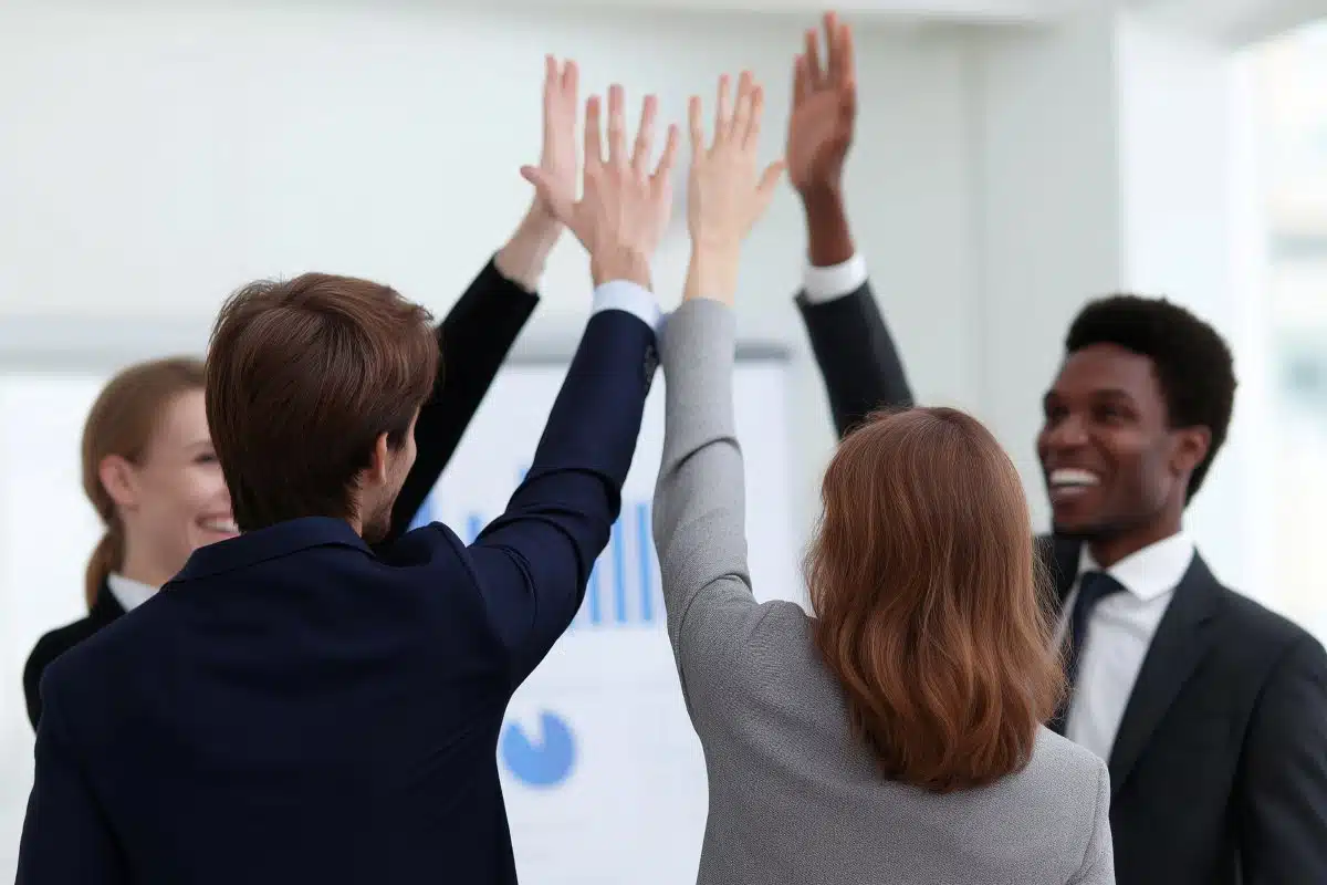 Business people raising their hands in the air